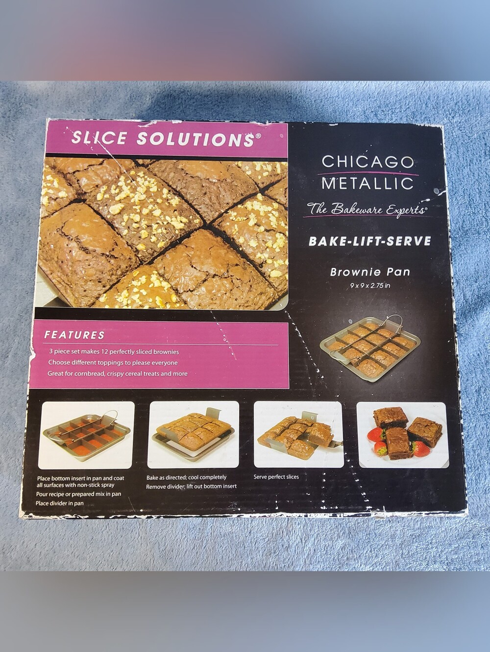 NEW Chicago Metallic Slice Solutions Bake Lift & Serve 9 x 9 3pc Brownie Pan Set